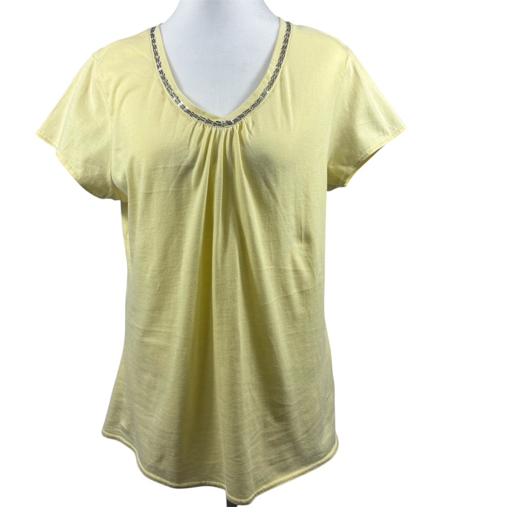 Route 66 Top Women Large‎ Yellow Short Sleeve Embellished V-Neck Classic Norm